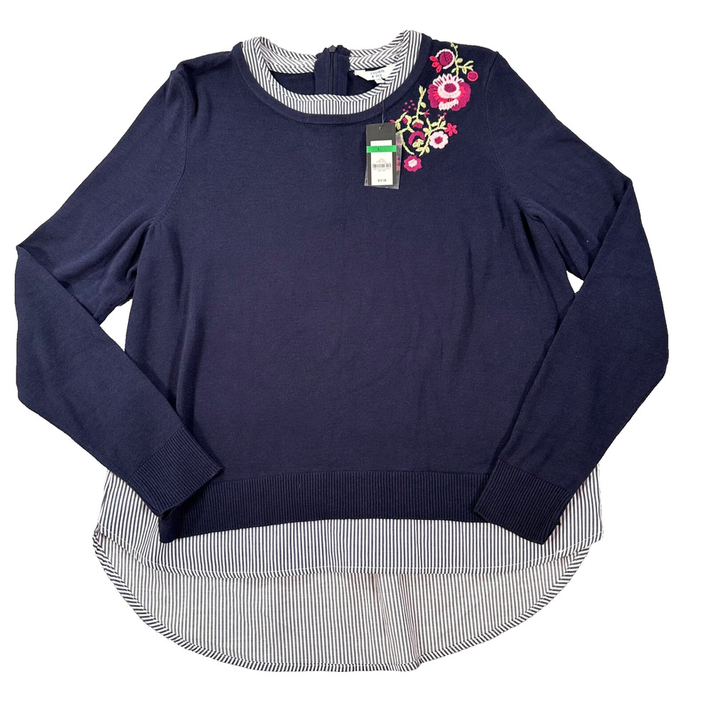 Crown & Ivy Layered Sweater Floral Embroidered Women's Large Navy Blue Stripe